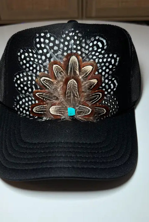 Spotty Black Feather Embellished Trucker Cap-Hats-Deadwood South Boutique & Company-Deadwood South Boutique, Women's Fashion Boutique in Henderson, TX