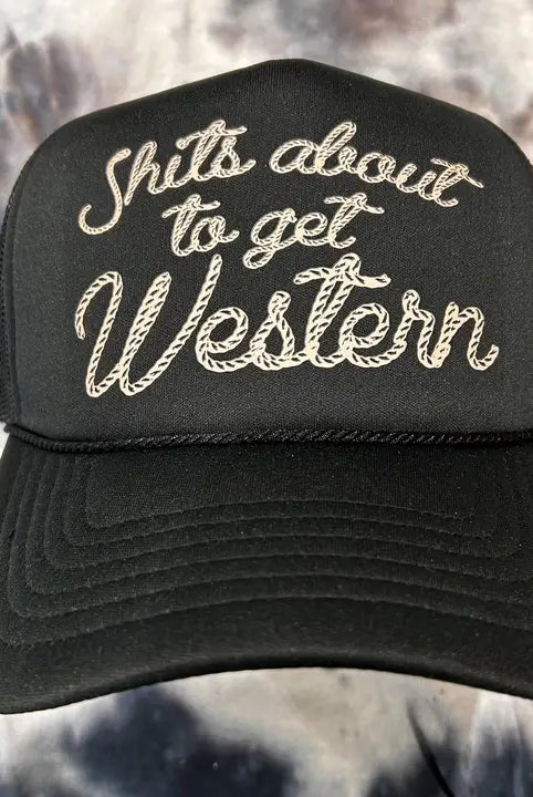Shits About To Get Western Trucker Cap-Hats-Deadwood South Boutique & Company-Deadwood South Boutique, Women's Fashion Boutique in Henderson, TX