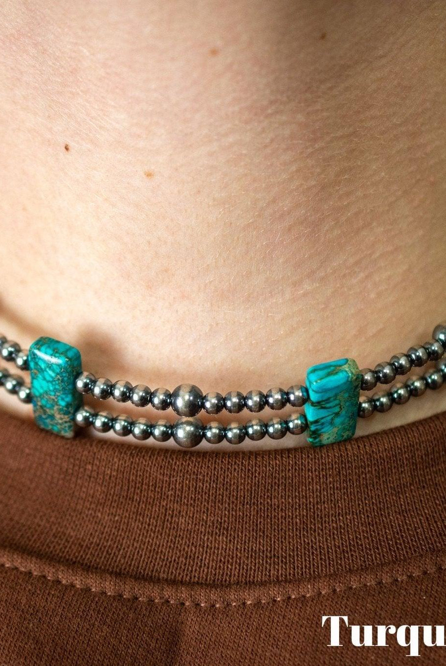 13” Sterling Silver Pearls & Rectangle Variscite Turquoise Choker - Deadwood South Boutique & Company LLC