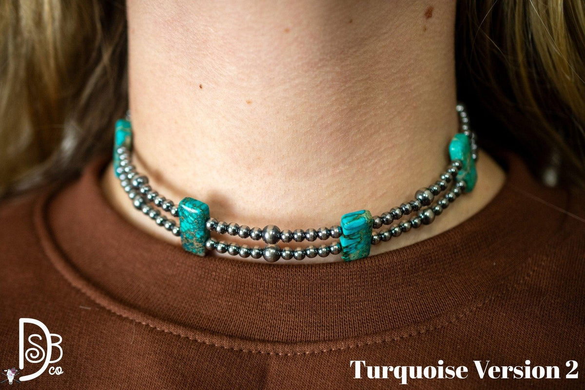 13” Sterling Silver Pearls & Rectangle Variscite Turquoise Choker - Deadwood South Boutique & Company LLC