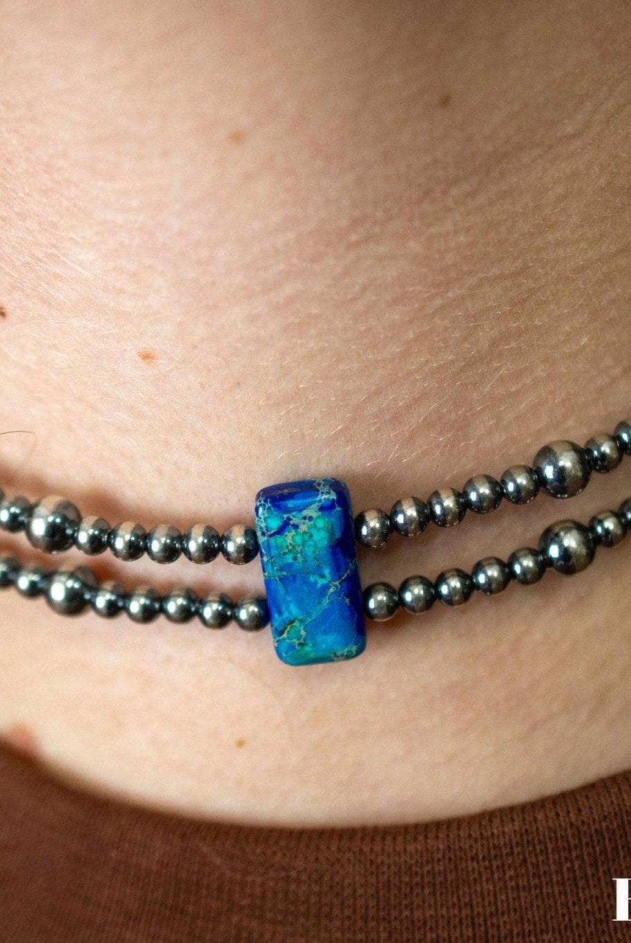 13” Sterling Silver Pearls & Rectangle Variscite Turquoise Choker - Deadwood South Boutique & Company LLC