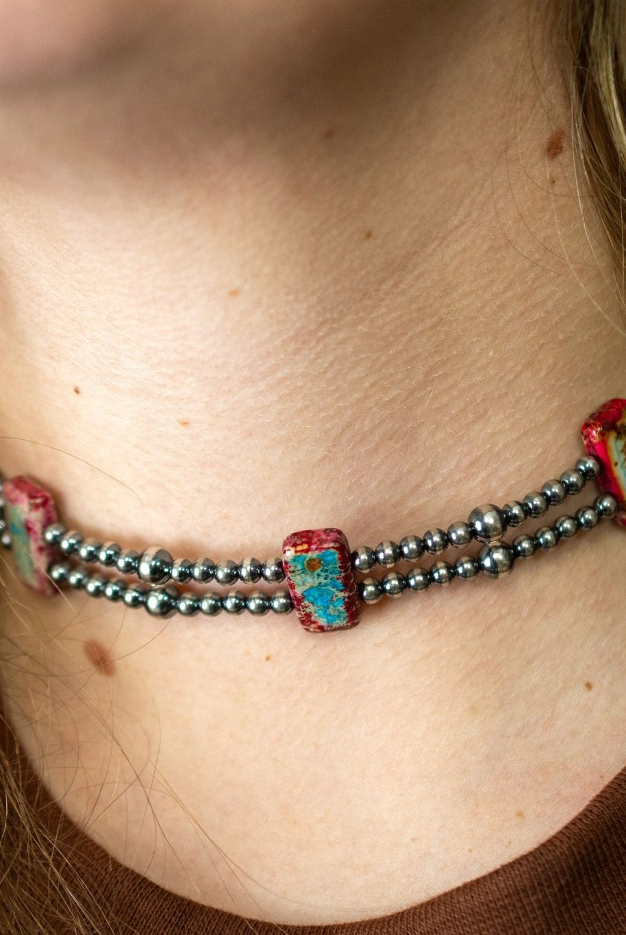 13” Sterling Silver Pearls & Rectangle Variscite Turquoise Choker - Deadwood South Boutique & Company LLC