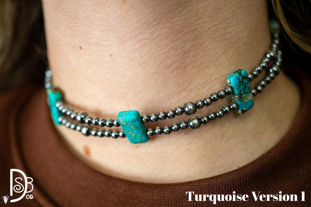 13” Sterling Silver Pearls & Rectangle Variscite Turquoise Choker - Deadwood South Boutique & Company LLC