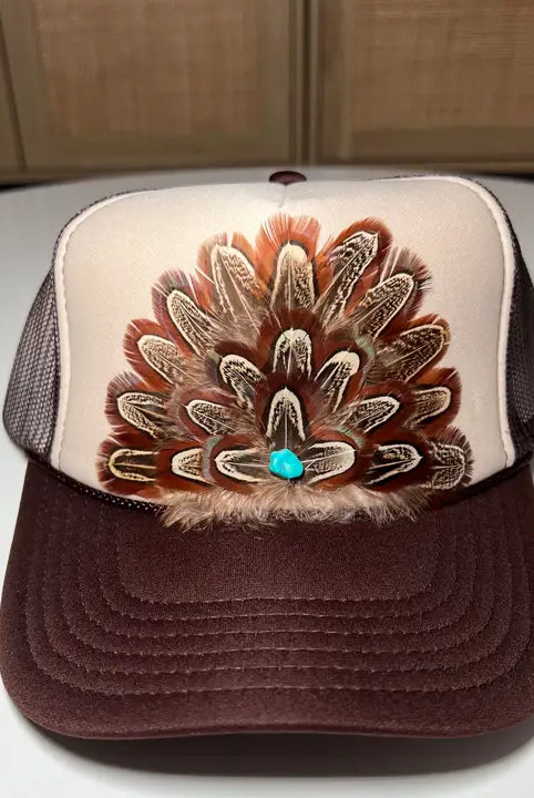Punchy Feather Embellished Trucker Cap-Hats-Deadwood South Boutique & Company-Deadwood South Boutique, Women's Fashion Boutique in Henderson, TX