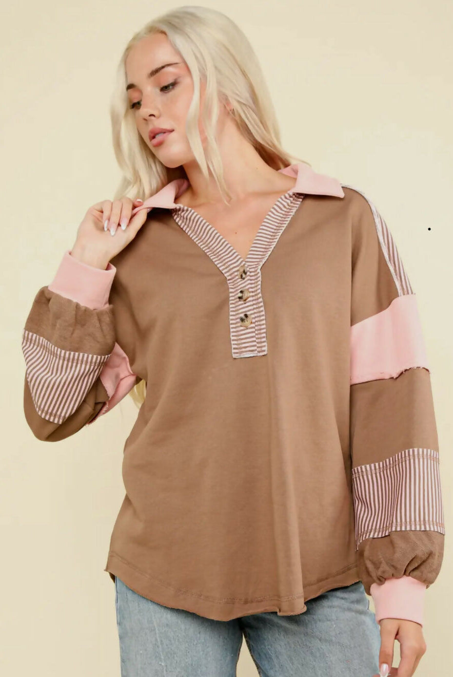 Kelsey Pink/Brown Colorblock Top-Tops & Tees-Vintage Cowgirl-Deadwood South Boutique, Women's Fashion Boutique in Henderson, TX