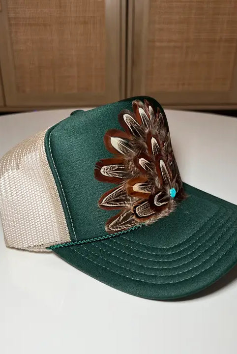 Green w/Envy Feather Embellished Trucker Cap-Hats-Deadwood South Boutique & Company-Deadwood South Boutique, Women's Fashion Boutique in Henderson, TX