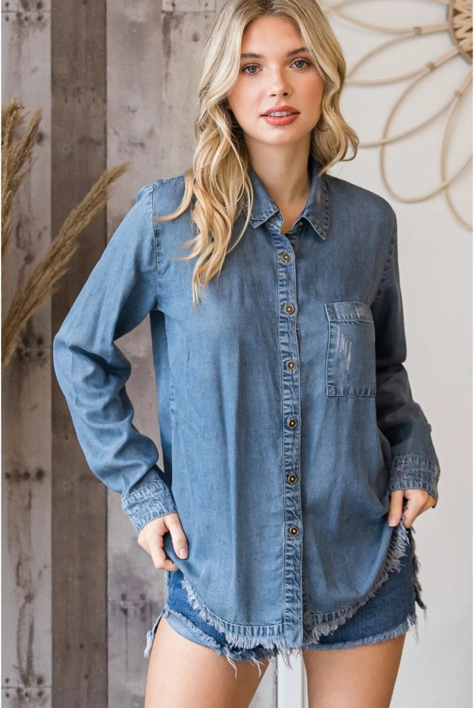 Delilah Denim Button Down Top-Denim Top-Deadwood South Boutique & Company LLC-Deadwood South Boutique, Women's Fashion Boutique in Henderson, TX