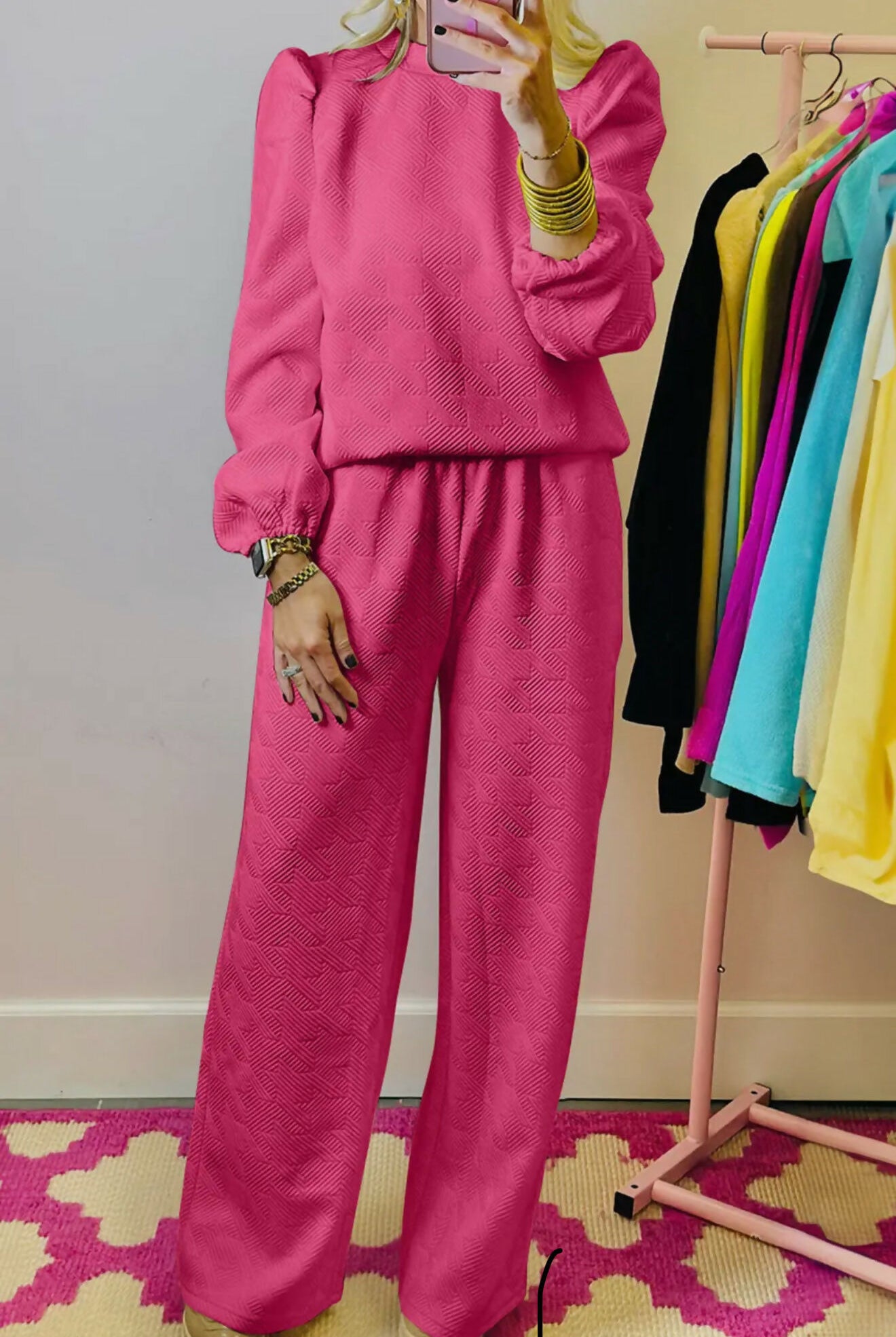 Pretty In Pink Textured Pants Set-Tops & Tees-Vintage Cowgirl-Deadwood South Boutique, Women's Fashion Boutique in Henderson, TX