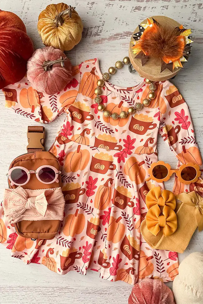 Pumpkin & Fall Leaves Pink Twirl Dress-Dresses-Deadwood South Boutique & Company-Deadwood South Boutique, Women's Fashion Boutique in Henderson, TX