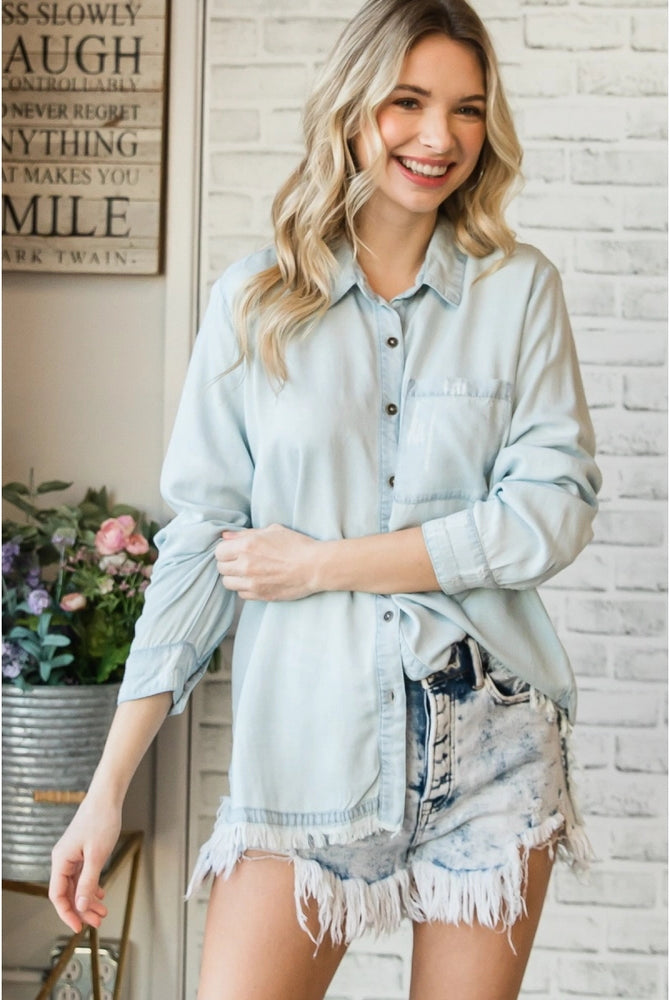 Delilah Denim Button Down Top-Denim Top-Deadwood South Boutique & Company LLC-Deadwood South Boutique, Women's Fashion Boutique in Henderson, TX