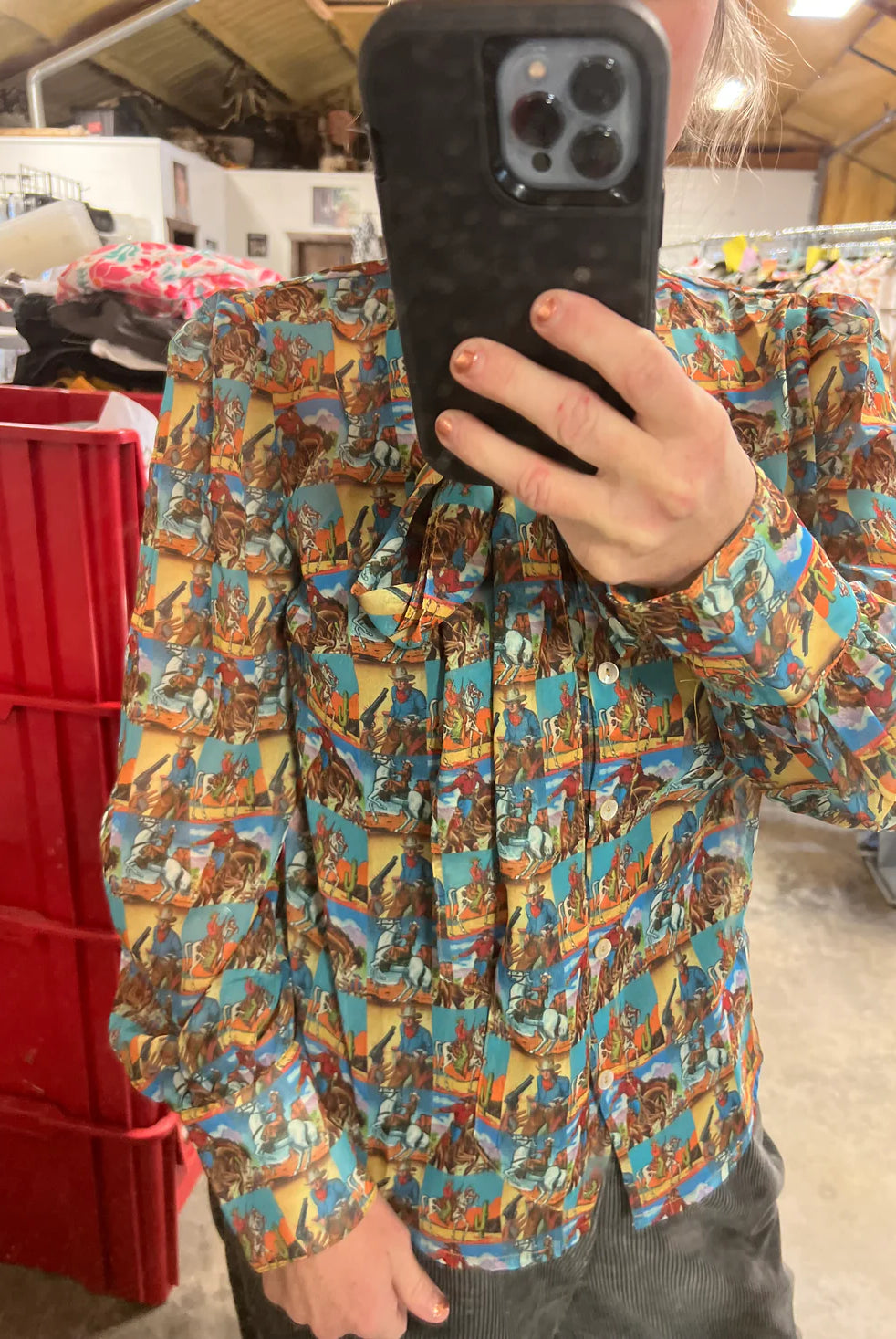 Vintage Pop Art Cowboy Chiffon Top-Top & Tees-Deadwood South Boutique & Company LLC-Deadwood South Boutique, Women's Fashion Boutique in Henderson, TX