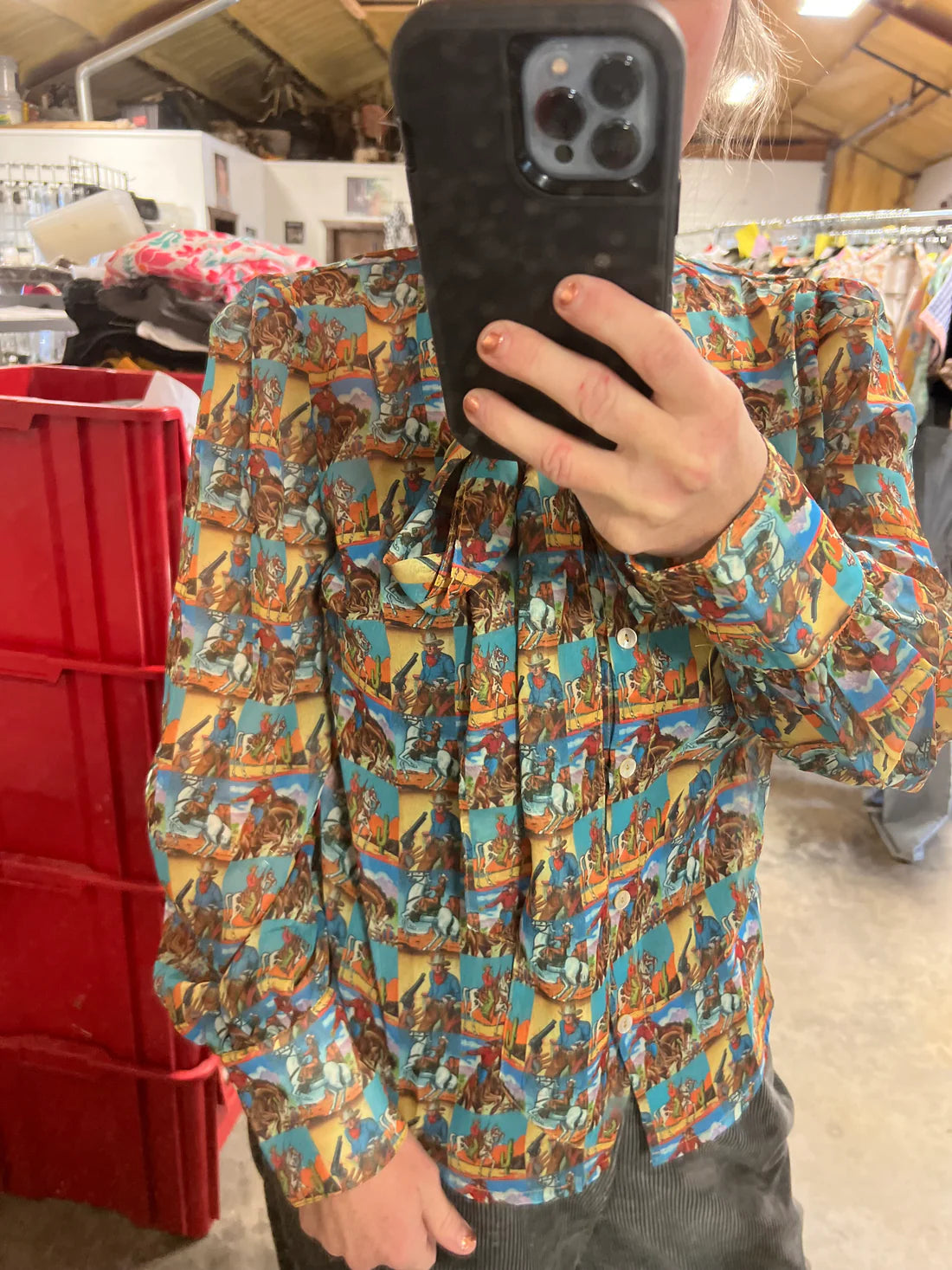 Vintage Pop Art Cowboy Chiffon Top-Top & Tees-Deadwood South Boutique & Company LLC-Deadwood South Boutique, Women's Fashion Boutique in Henderson, TX