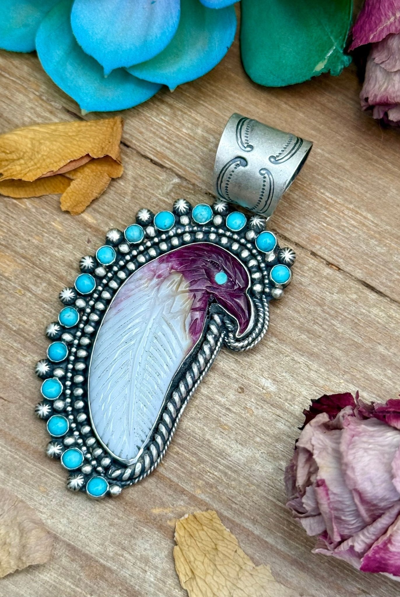 81 - Sterling Silver Kingman Turquoise & Purple Spiny Oyster Eagle Pendant by Shay Pfeiffer - Deadwood South Boutique & Company LLC