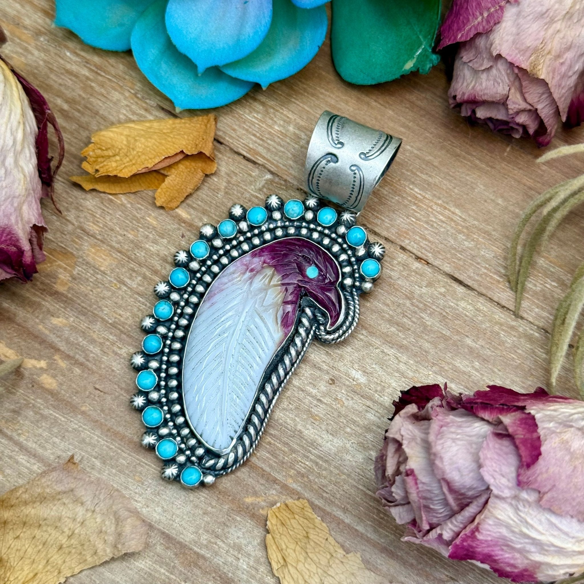 81 - Sterling Silver Kingman Turquoise & Purple Spiny Oyster Eagle Pendant by Shay Pfeiffer - Deadwood South Boutique & Company LLC