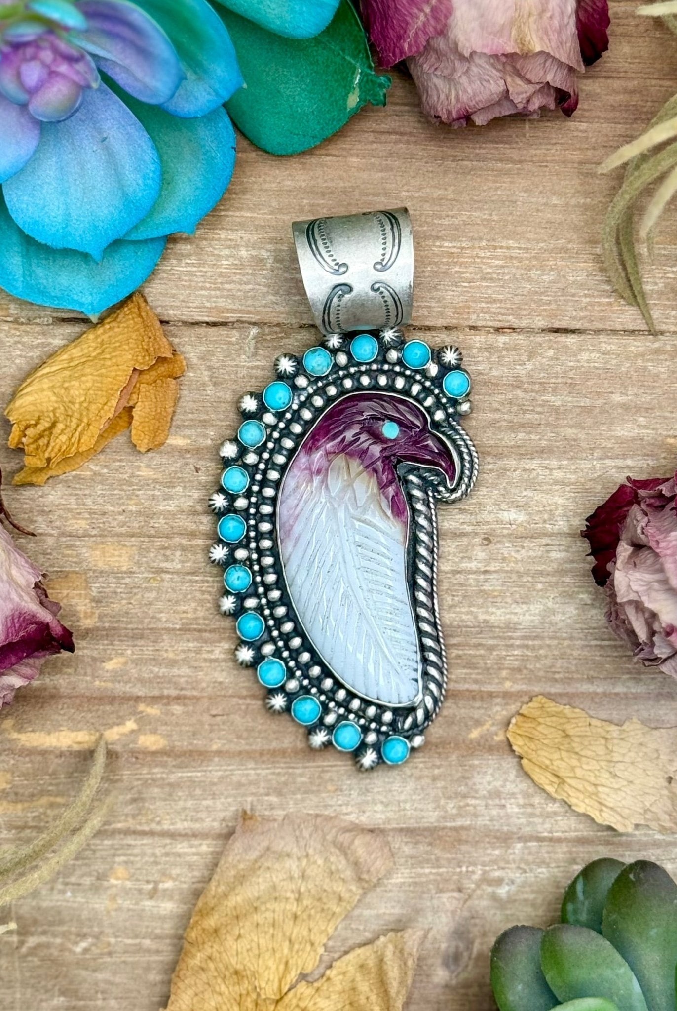 81 - Sterling Silver Kingman Turquoise & Purple Spiny Oyster Eagle Pendant by Shay Pfeiffer - Deadwood South Boutique & Company LLC