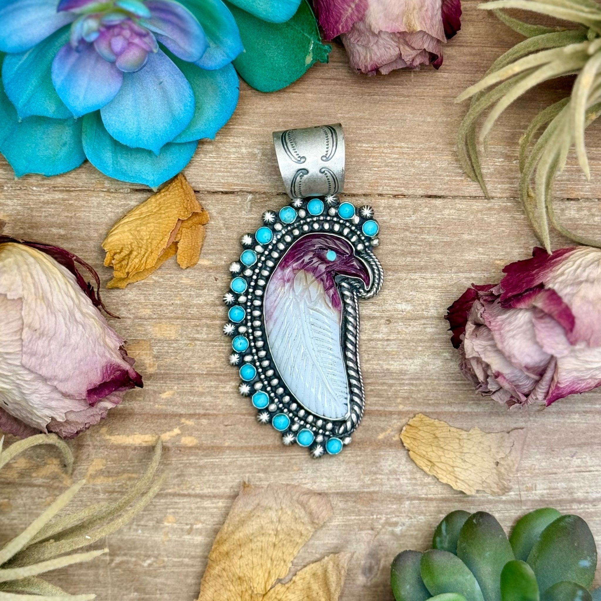 81 - Sterling Silver Kingman Turquoise & Purple Spiny Oyster Eagle Pendant by Shay Pfeiffer - Deadwood South Boutique & Company LLC