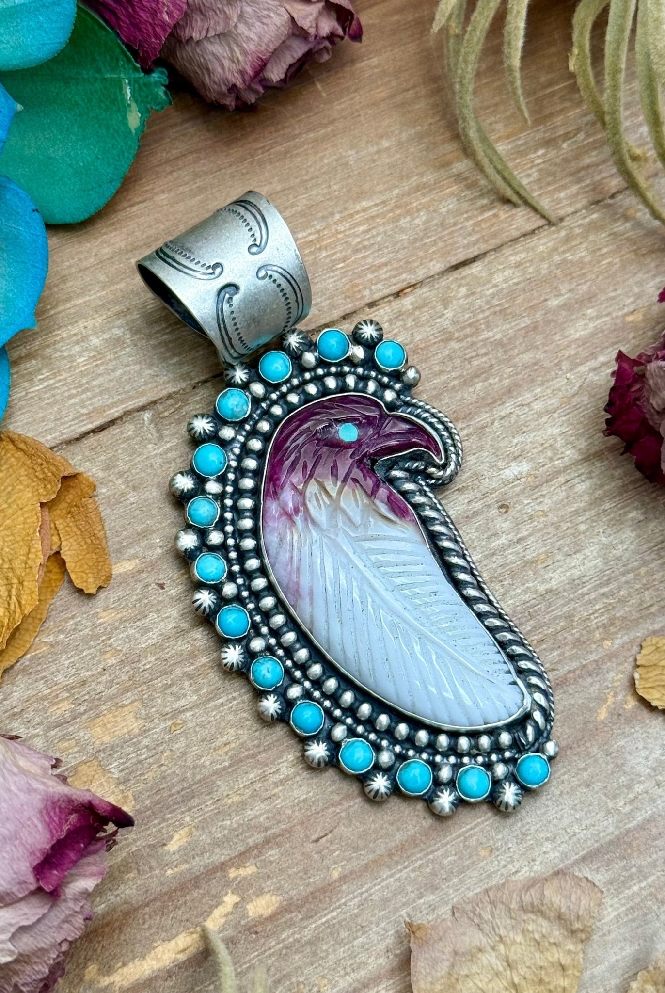 81 - Sterling Silver Kingman Turquoise & Purple Spiny Oyster Eagle Pendant by Shay Pfeiffer - Deadwood South Boutique & Company LLC
