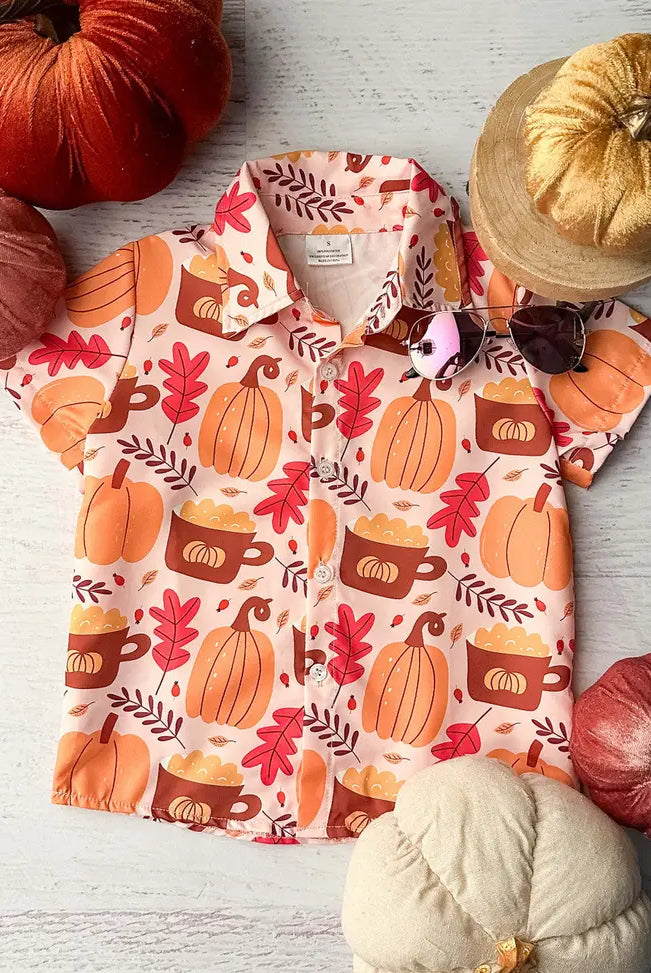 Pumpkin & Fall Leaves Pink Button Down-Short Sleeves-Deadwood South Boutique & Company-Deadwood South Boutique, Women's Fashion Boutique in Henderson, TX