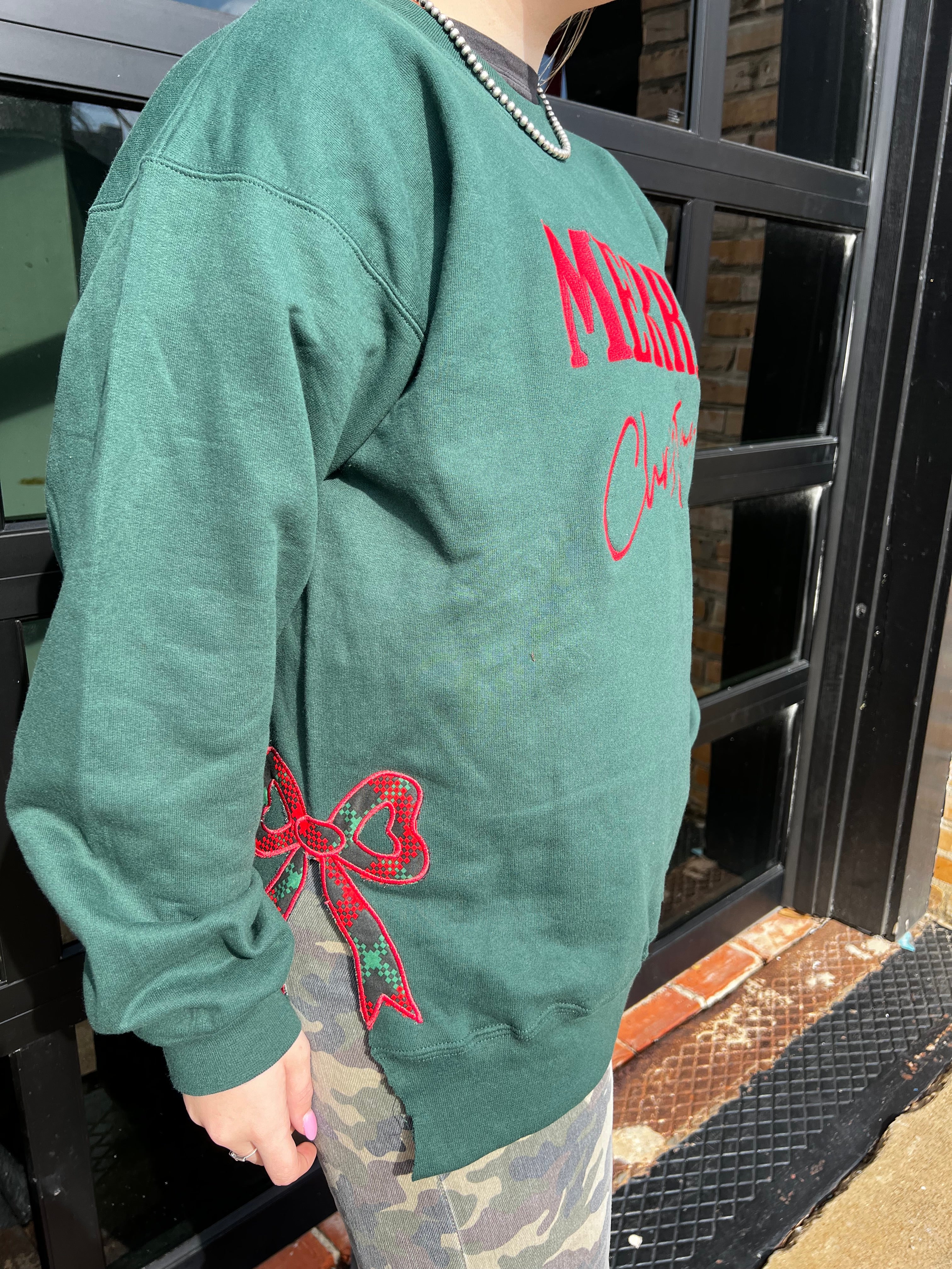 Merry Christmas Bow Sweatshirt-Tops & Tees-Deadwood South Boutique & Company LLC-Deadwood South Boutique, Women's Fashion Boutique in Henderson, TX