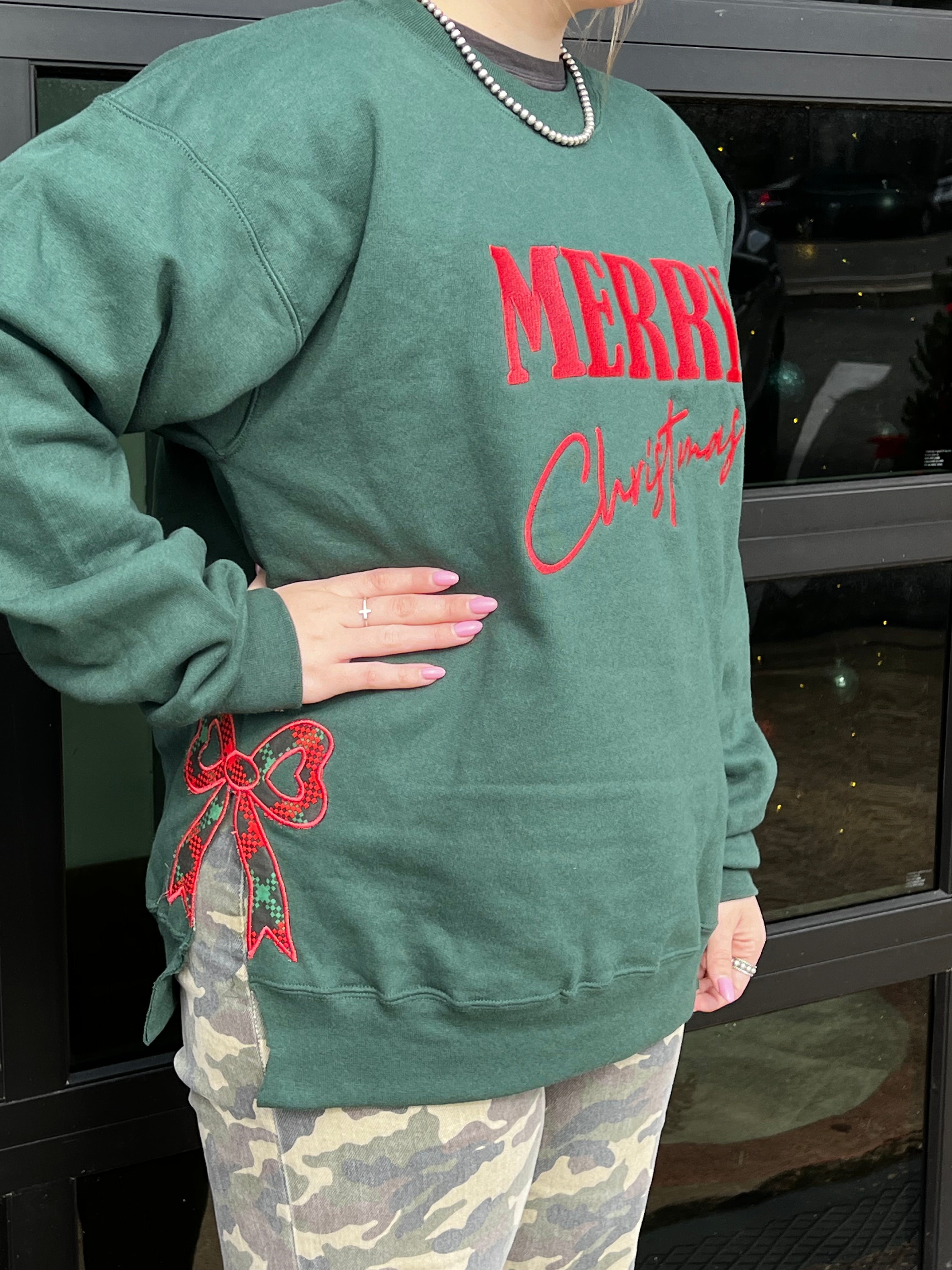 Merry Christmas Bow Sweatshirt-Tops & Tees-Deadwood South Boutique & Company LLC-Deadwood South Boutique, Women's Fashion Boutique in Henderson, TX