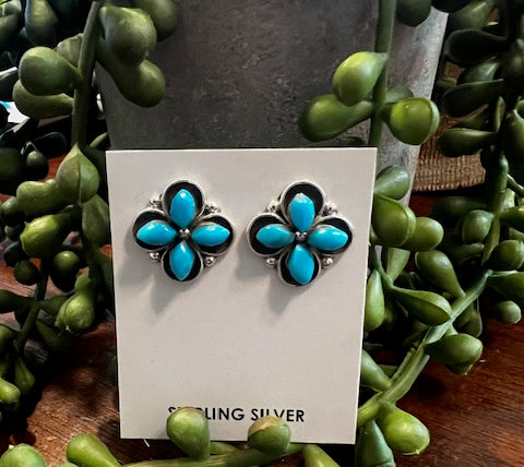 Sterling Silver & Turquoise Flower Earrings-Sterling Silver & Turquoise Earrings-Deadwood South Boutique & Company LLC-Deadwood South Boutique, Women's Fashion Boutique in Henderson, TX