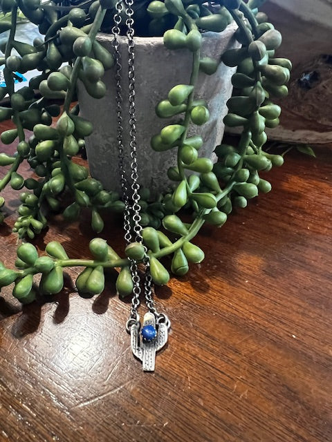Sterling Silver & Lapis Cactus Necklace-Sterling Silver Cactus Necklace-Deadwood South Boutique & Company LLC-Deadwood South Boutique, Women's Fashion Boutique in Henderson, TX