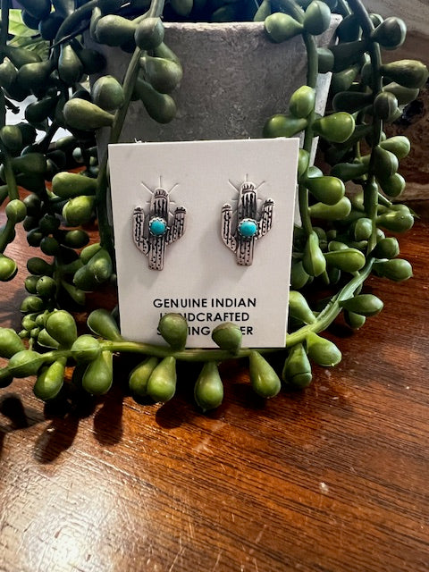 Sterling Silver & Turquoise Cactus Earrings-Sterling Silver Cactus Earrings-Deadwood South Boutique & Company LLC-Deadwood South Boutique, Women's Fashion Boutique in Henderson, TX