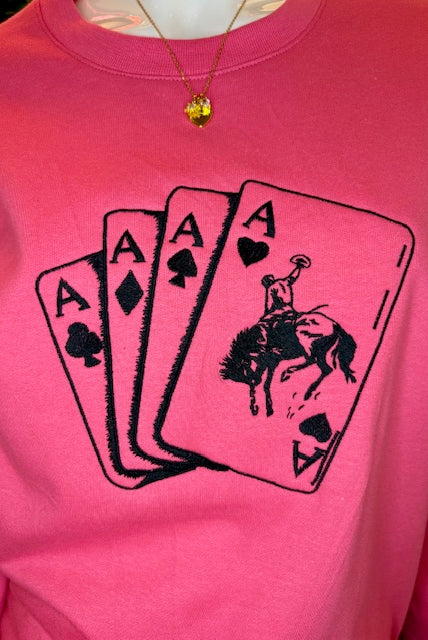 Ace High Embroidered Crewneck Sweatshirt-Graphic Sweatshirt-Deadwood South Boutique & Company LLC-Deadwood South Boutique, Women's Fashion Boutique in Henderson, TX