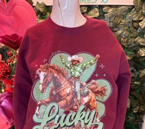 Lucky Cowboy Crewneck Sweatshirt-Graphic Sweatshirt-Deadwood South Boutique & Company LLC-Deadwood South Boutique, Women's Fashion Boutique in Henderson, TX