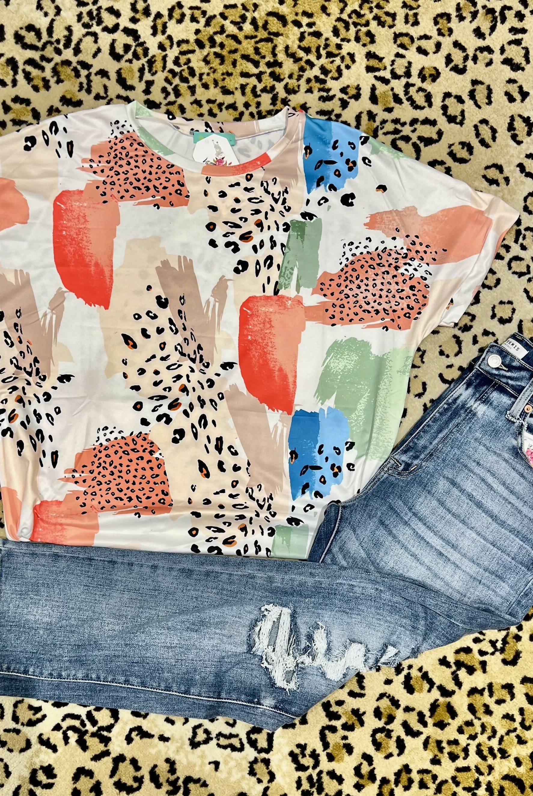 Leopard Splash Top-Short Sleeves-Vintage Cowgirl-Deadwood South Boutique, Women's Fashion Boutique in Henderson, TX