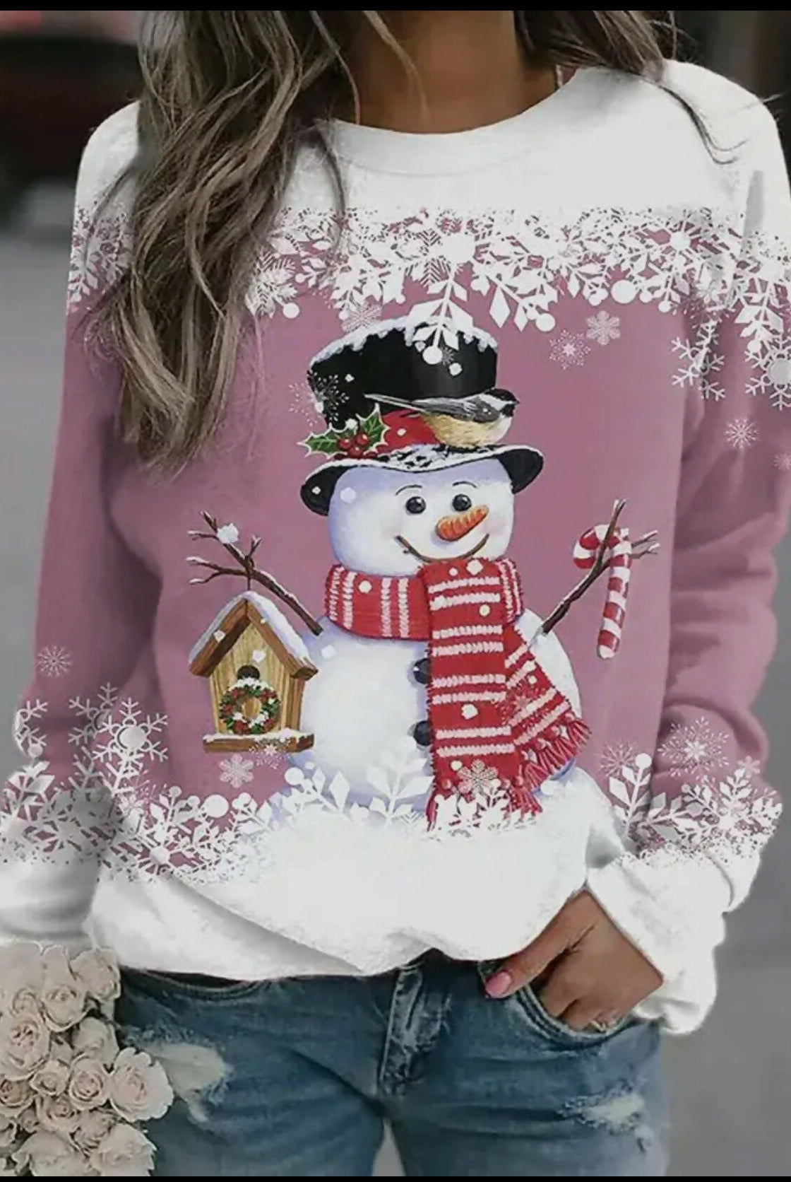 Christmas Pink Snowflake Snowman Top-Tops & Tees-Vintage Cowgirl-Deadwood South Boutique, Women's Fashion Boutique in Henderson, TX