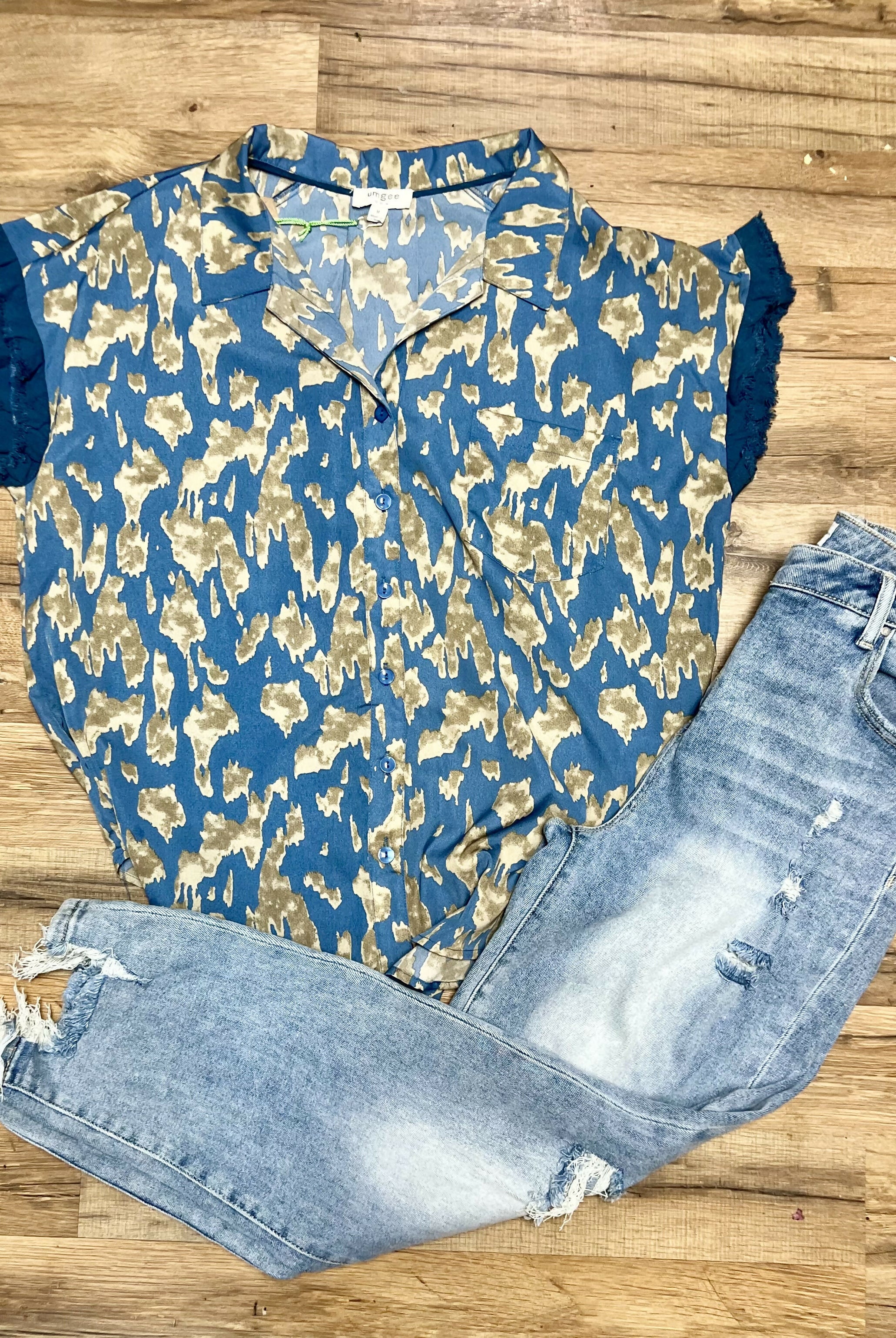 Angie Slate Blue Leopard Top-Short Sleeves-Vintage Cowgirl-Deadwood South Boutique, Women's Fashion Boutique in Henderson, TX