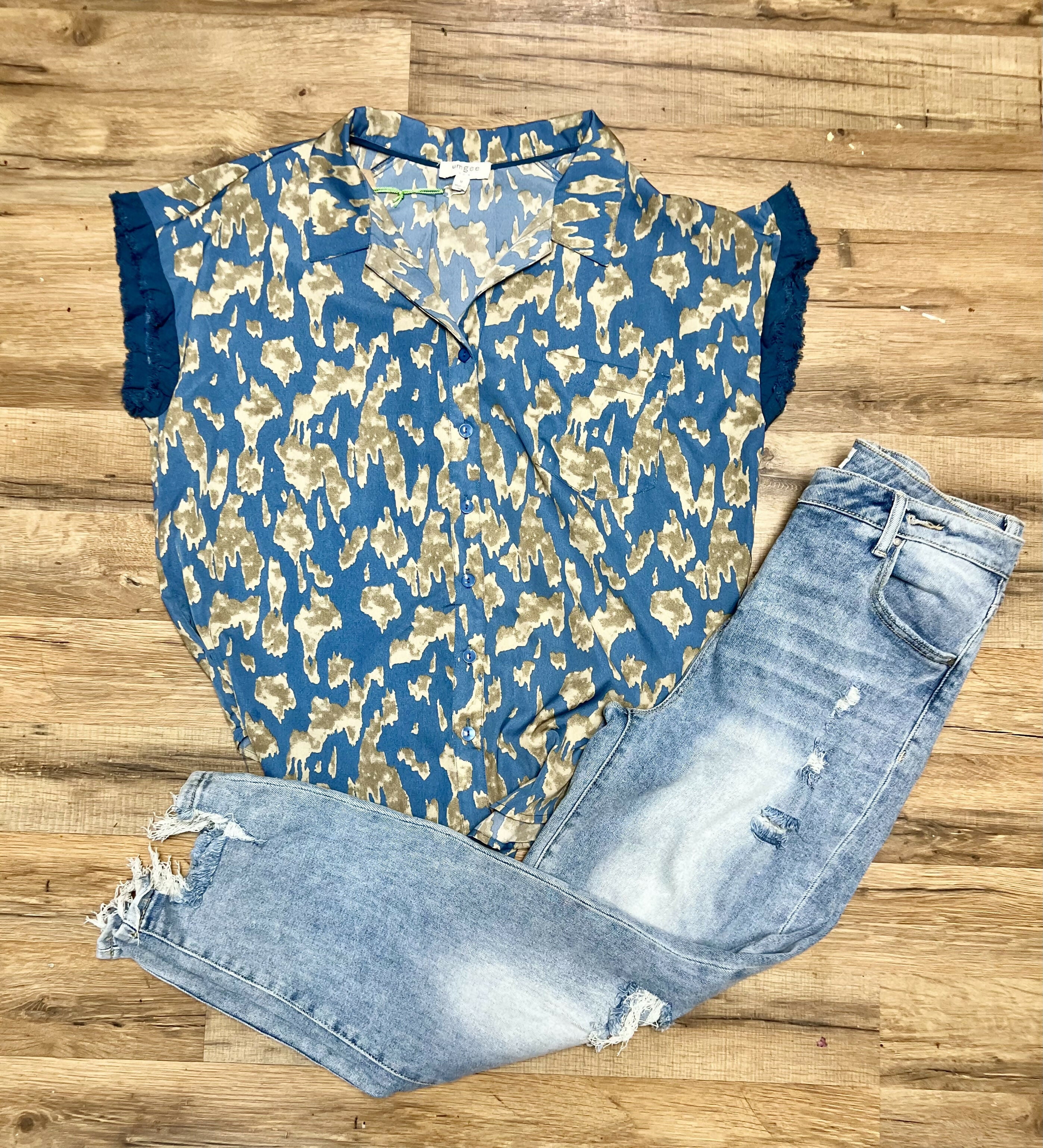 Angie Slate Blue Leopard Top-Short Sleeves-Vintage Cowgirl-Deadwood South Boutique, Women's Fashion Boutique in Henderson, TX