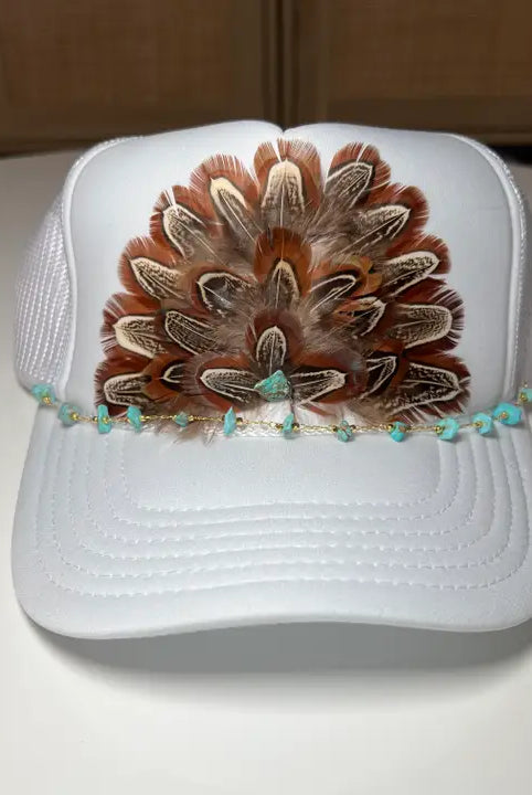 Trudy White Feather Embellished Trucker Cap w/Turquoise Hat Chain-Hats-Deadwood South Boutique & Company-Deadwood South Boutique, Women's Fashion Boutique in Henderson, TX