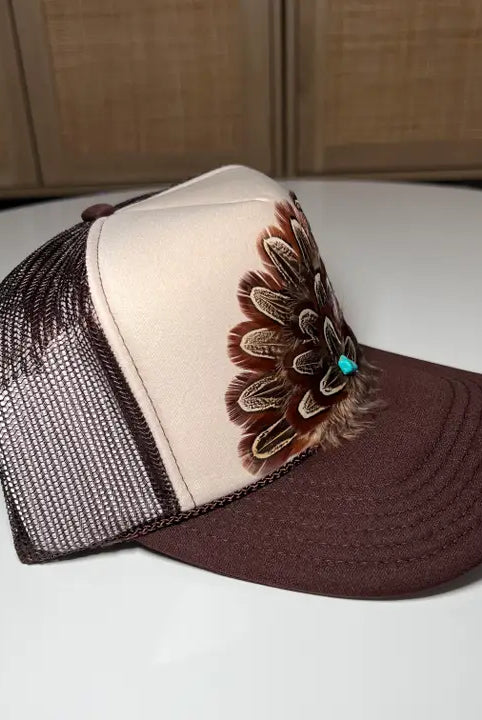 Punchy Feather Embellished Trucker Cap-Hats-Deadwood South Boutique & Company-Deadwood South Boutique, Women's Fashion Boutique in Henderson, TX