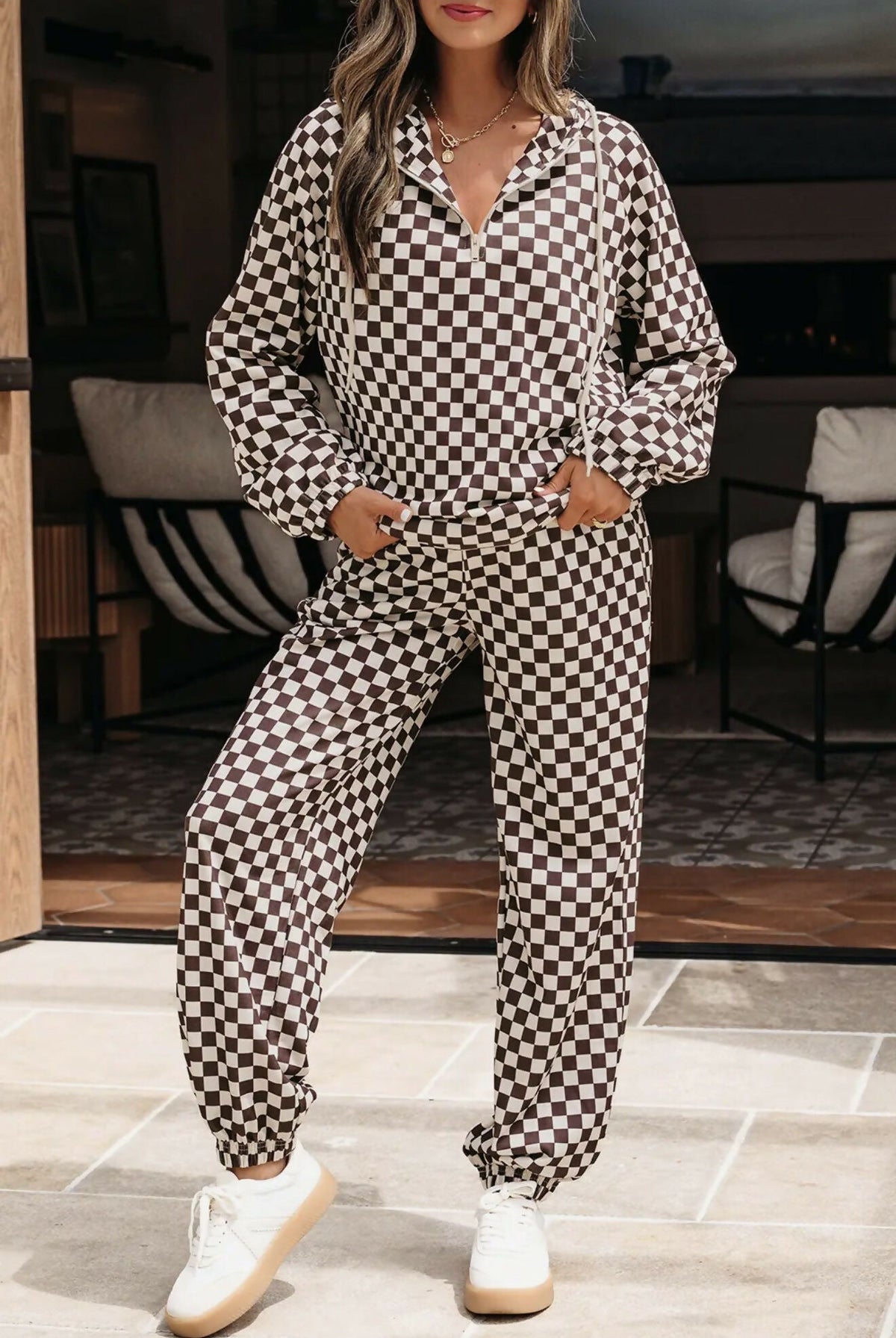 Athleisure Checkered Zippered Jogger Set - Deadwood South Boutique & Company LLC