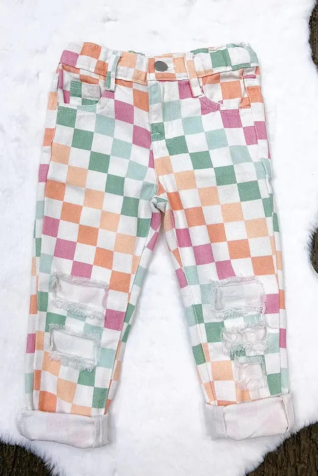 Girls Multi Color Checker Distressed Denim Pants-Pants-Deadwood South Boutique & Company-Deadwood South Boutique, Women's Fashion Boutique in Henderson, TX