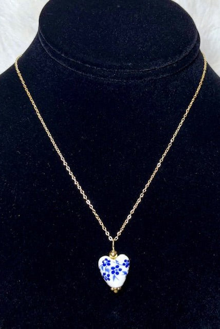 Blue Porcelain Heart Necklace - Deadwood South Boutique & Company LLC