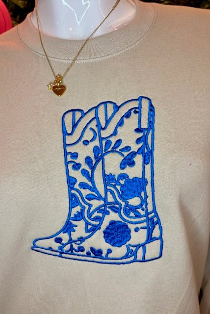 Bougie Blue Boot Crewneck Sweatshirt - Deadwood South Boutique & Company LLC