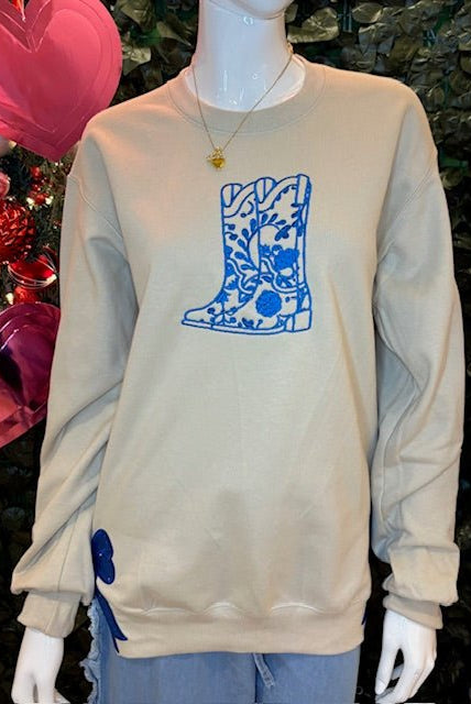 Bougie Blue Boot Crewneck Sweatshirt - Deadwood South Boutique & Company LLC