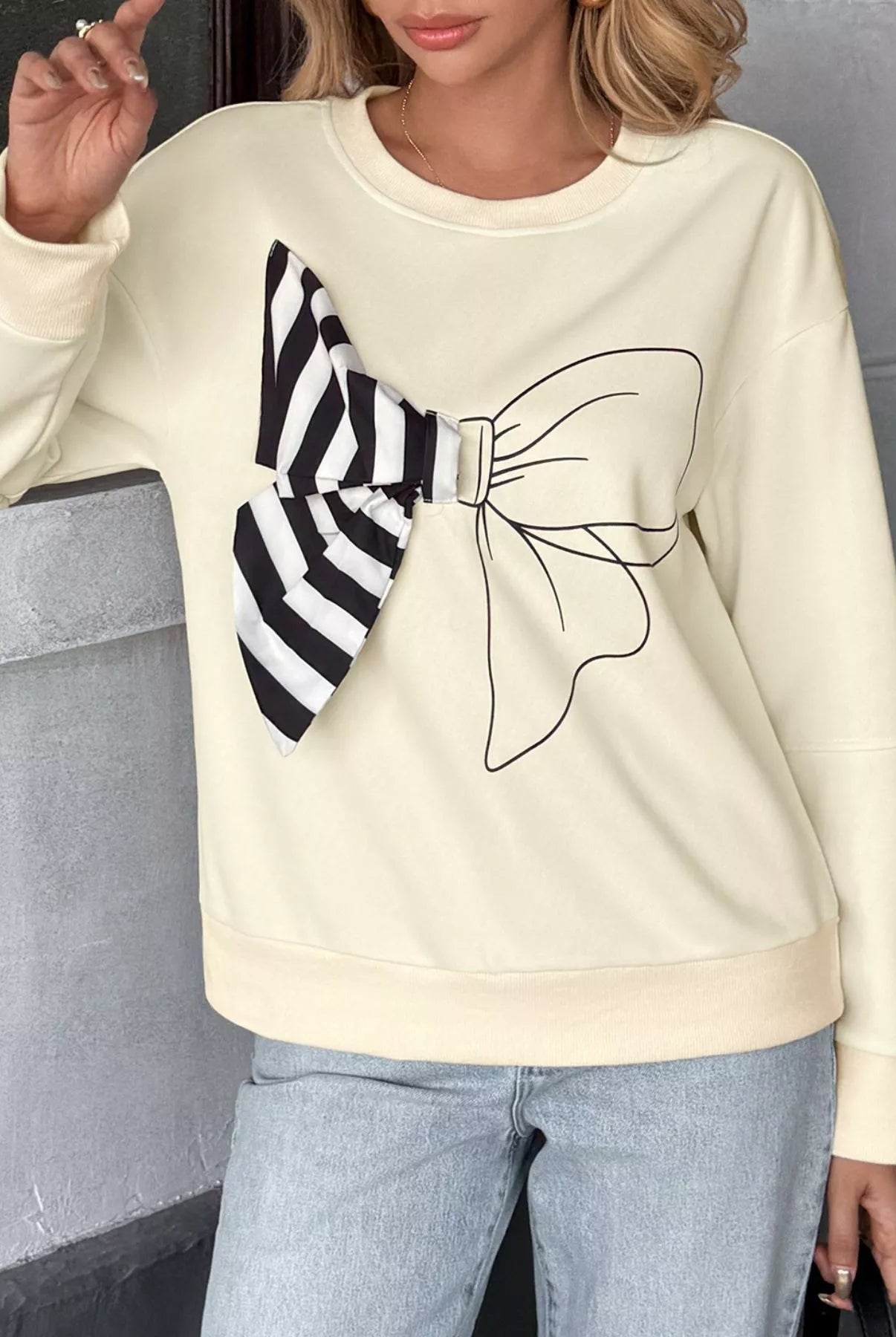 Bow Round Neck Dropped Shoulder Sweatshirt - Deadwood South Boutique & Company LLC