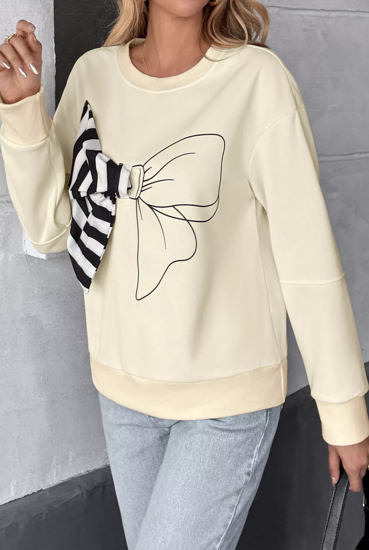 Bow Round Neck Dropped Shoulder Sweatshirt - Deadwood South Boutique & Company LLC
