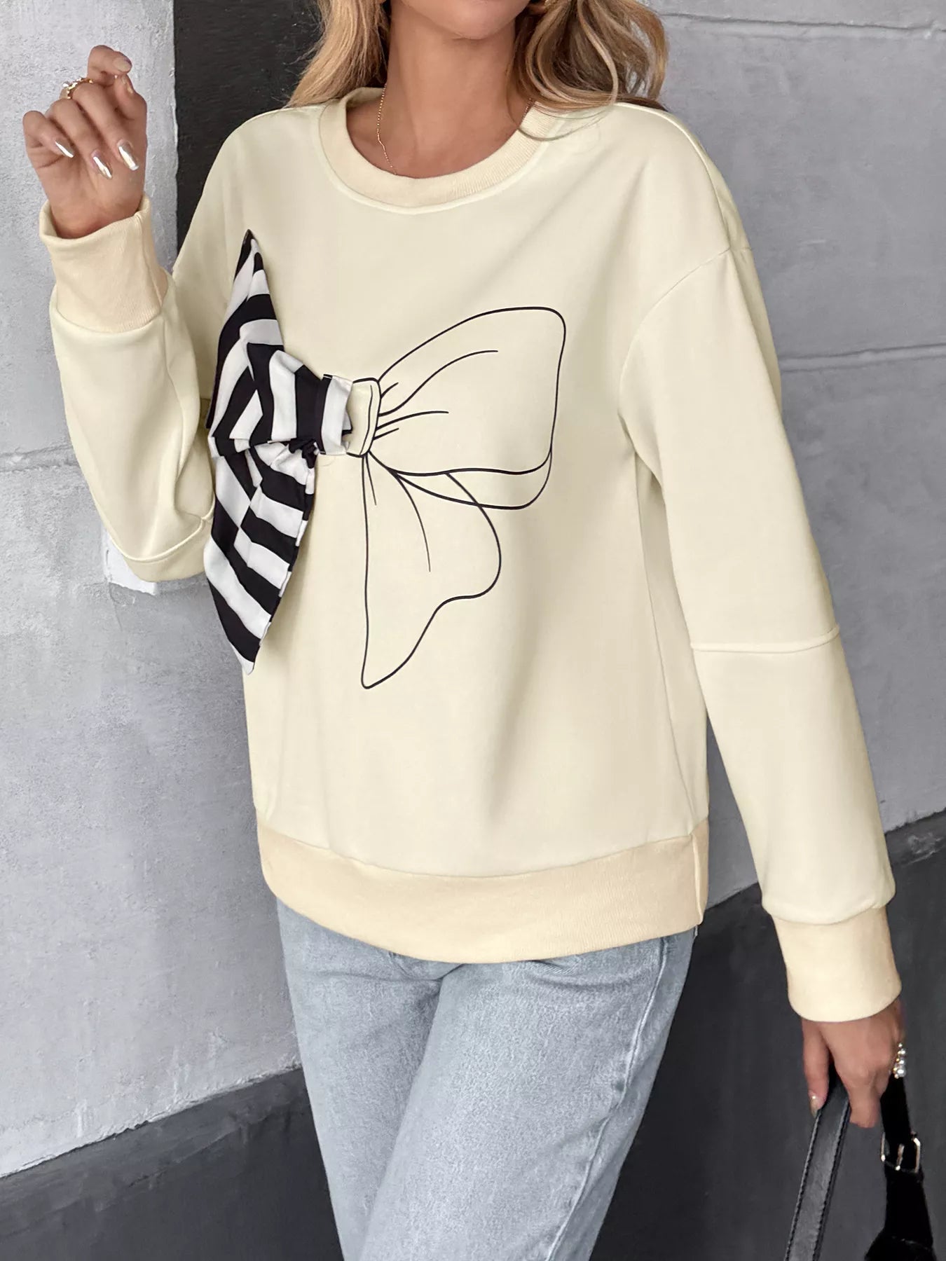 Bow Round Neck Dropped Shoulder Sweatshirt - Deadwood South Boutique & Company LLC