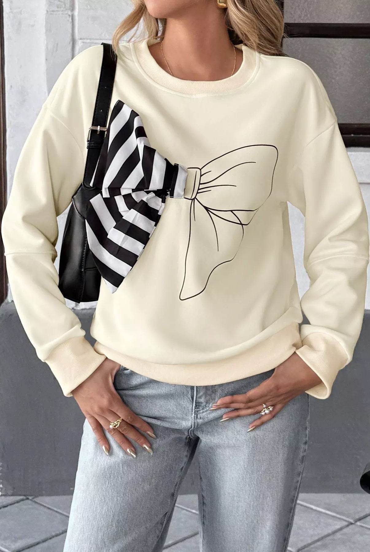 Bow Round Neck Dropped Shoulder Sweatshirt - Deadwood South Boutique & Company LLC