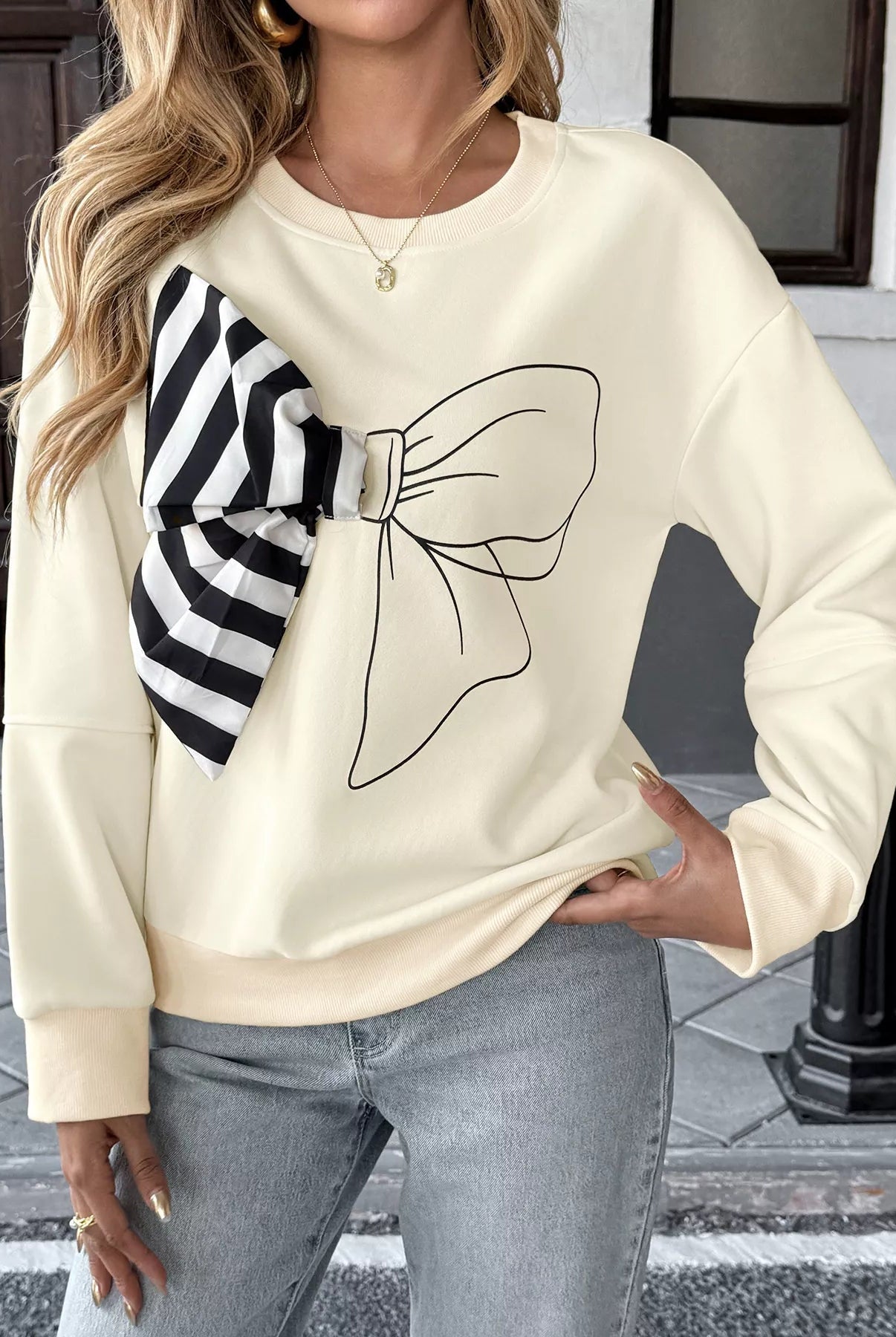 Bow Round Neck Dropped Shoulder Sweatshirt - Deadwood South Boutique & Company LLC