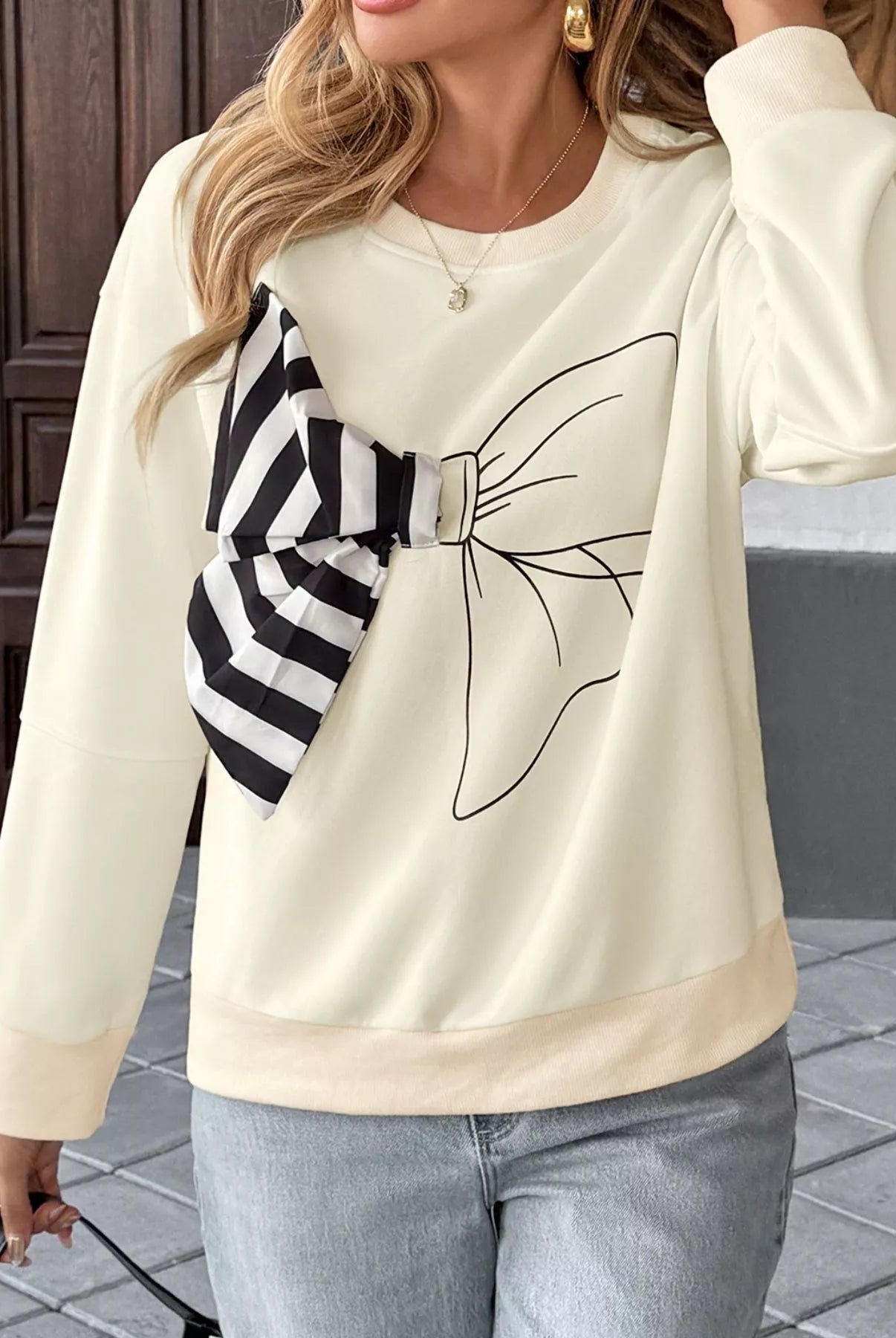 Bow Round Neck Dropped Shoulder Sweatshirt - Deadwood South Boutique & Company LLC