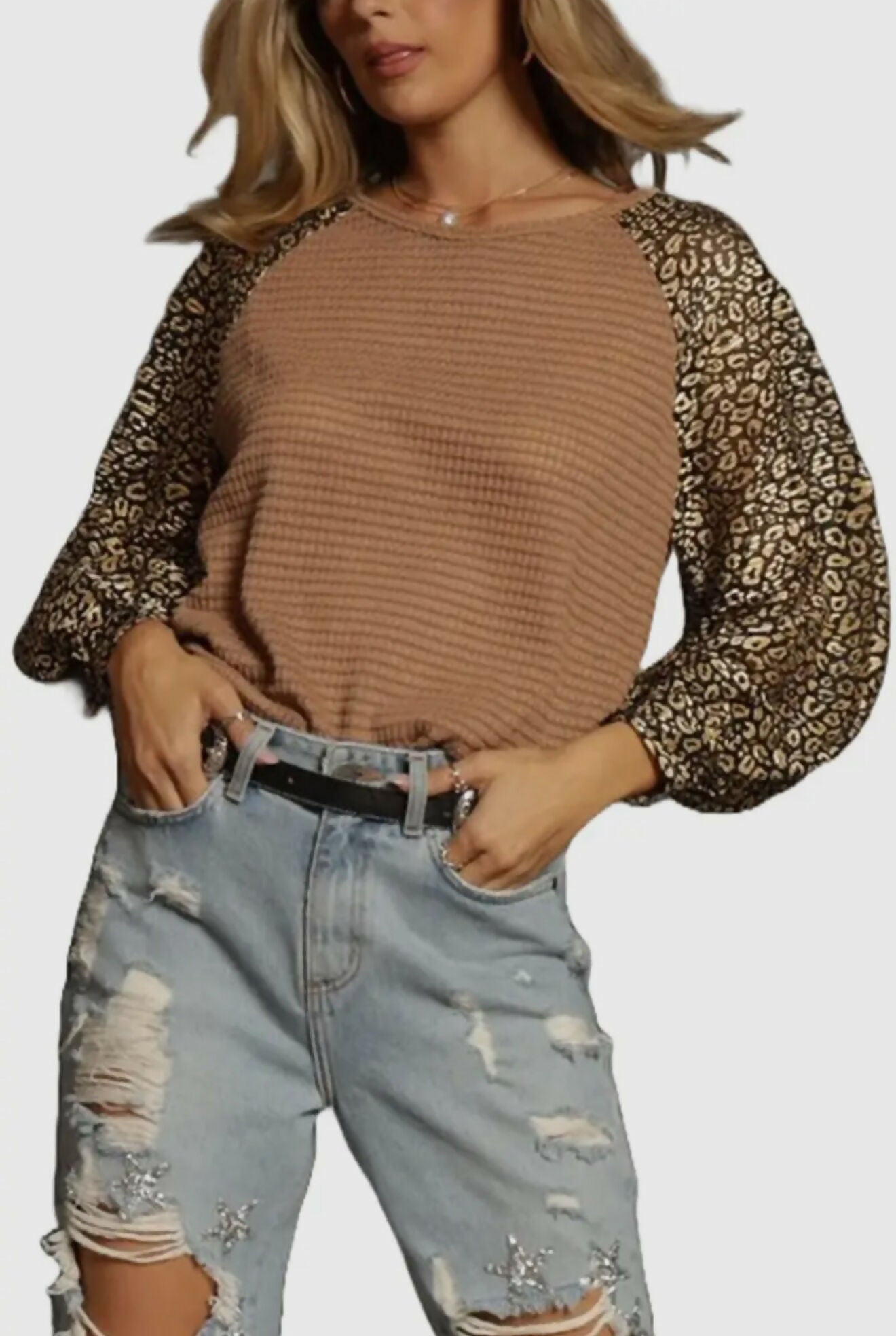 Ginger Leopard Sheer Sleeves Top-Tops & Tees-Vintage Cowgirl-Deadwood South Boutique, Women's Fashion Boutique in Henderson, TX