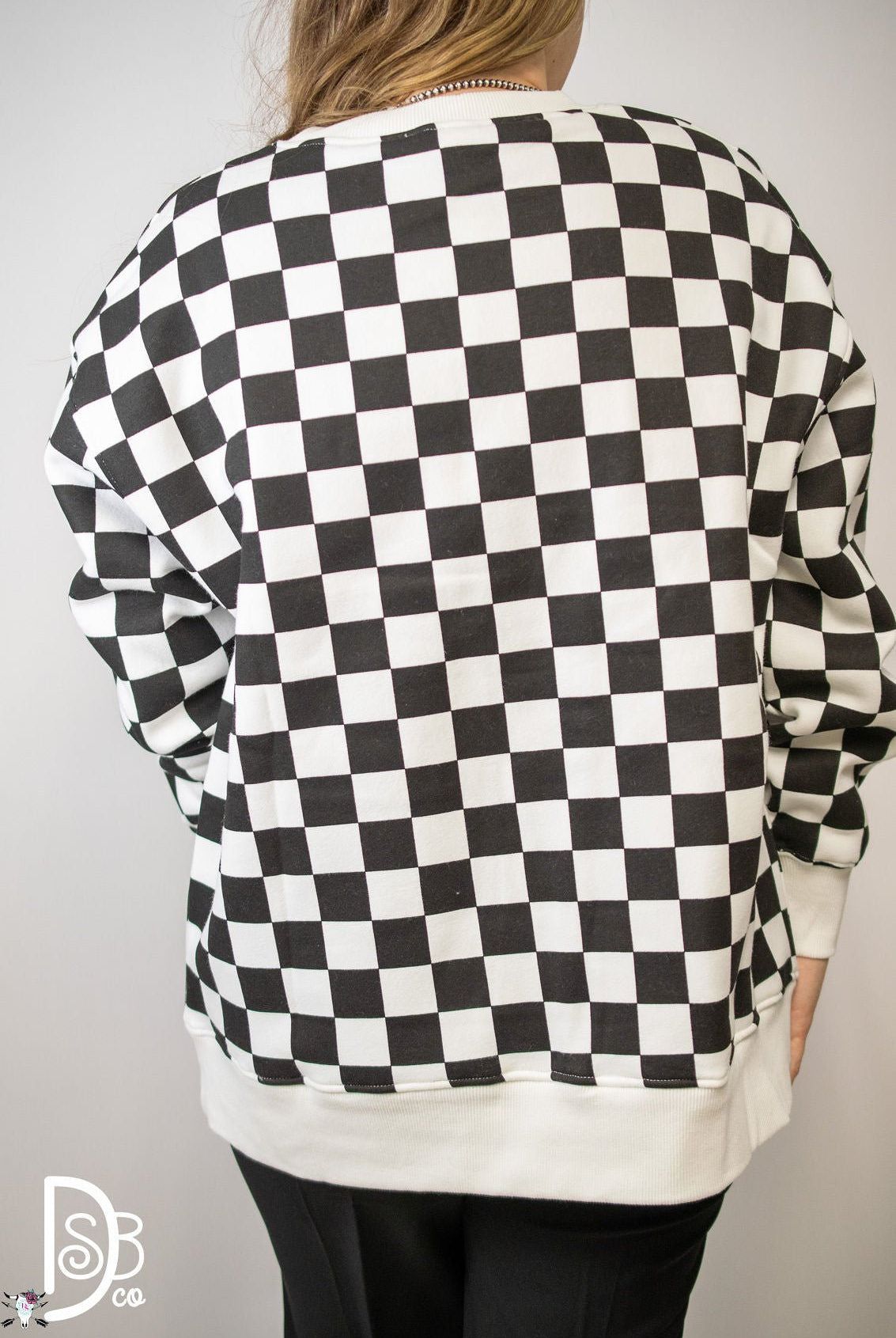 Checkered Oversized Crew Neck - Deadwood South Boutique & Company LLC
