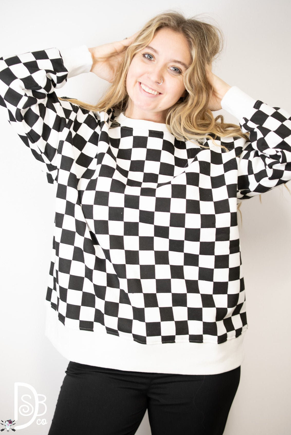Checkered Oversized Crew Neck - Deadwood South Boutique & Company LLC
