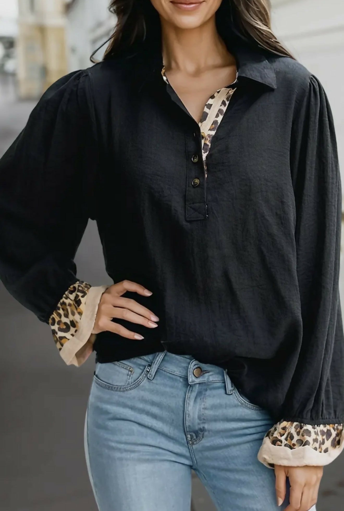 Chic Black Leopard Trim Top - Deadwood South Boutique & Company LLC